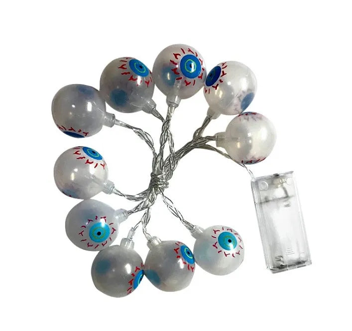 Halloween LED string lights with pumpkin, bat and ghost decorations showing colour changing illumination
