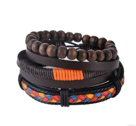 Hand-woven leather bracelet with wooden beads and adjustable closure in punk style