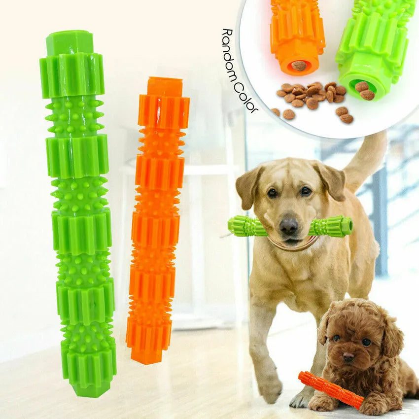 Green natural rubber dog chew toy with treat holes and squeaker for aggressive chewers
