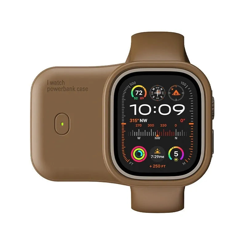 Apple Watch portable wireless charging case in brown, midnight blue, or starlight colours with 1200mAh battery