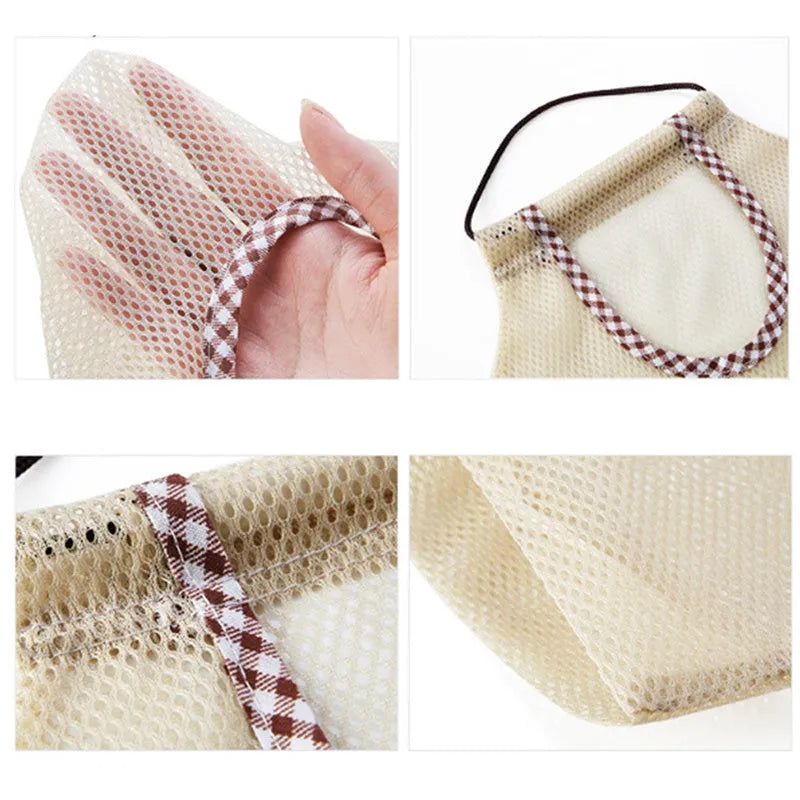 Beige plaid polyester mesh kitchen storage bag with cotton rope loops on a wall hook, 26x29cm