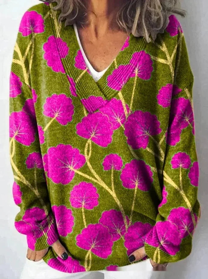 Women's V-neck floral pattern printed sweatshirt with 3D effect and long sleeves
