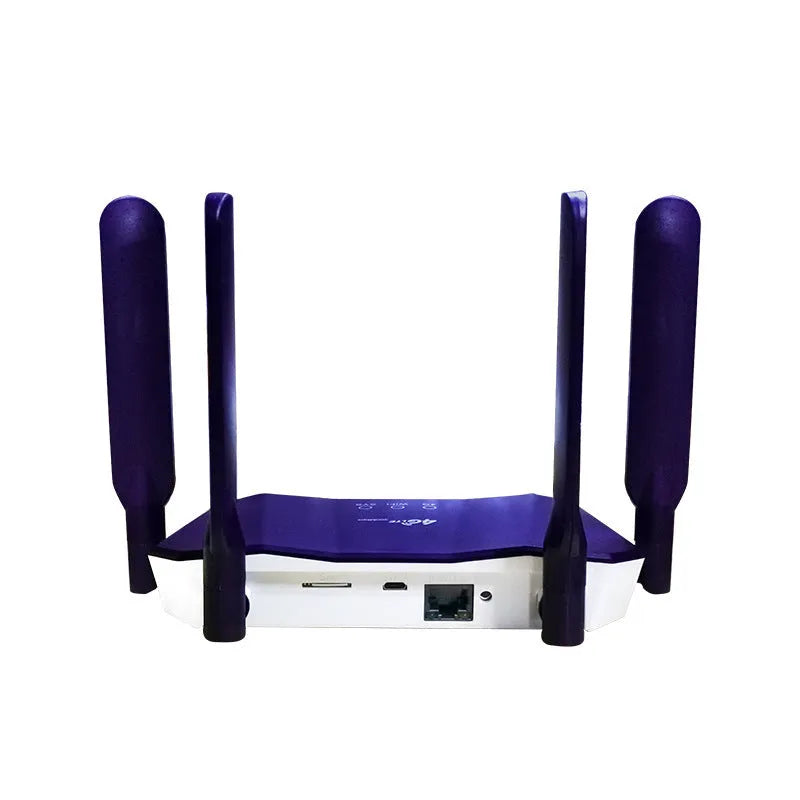 Blue 4G dual-mode wireless router with four extended external antennas.