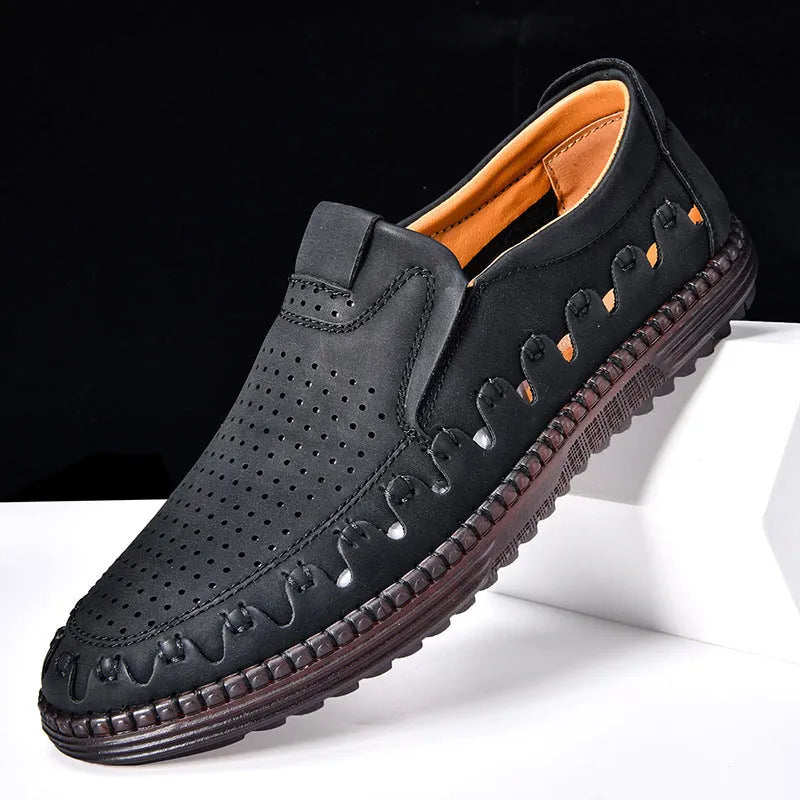 Men's brown slip-on casual shoes with round toe and flat heel on a white background