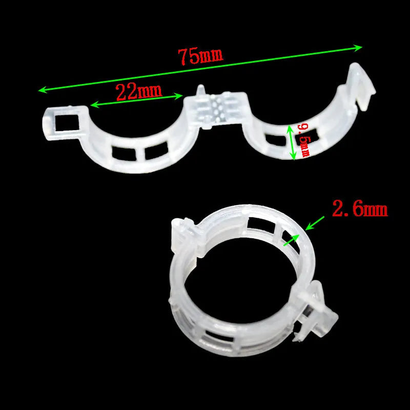 Assortment of 50 smooth plastic plant grafting clips for garden use on a white background.