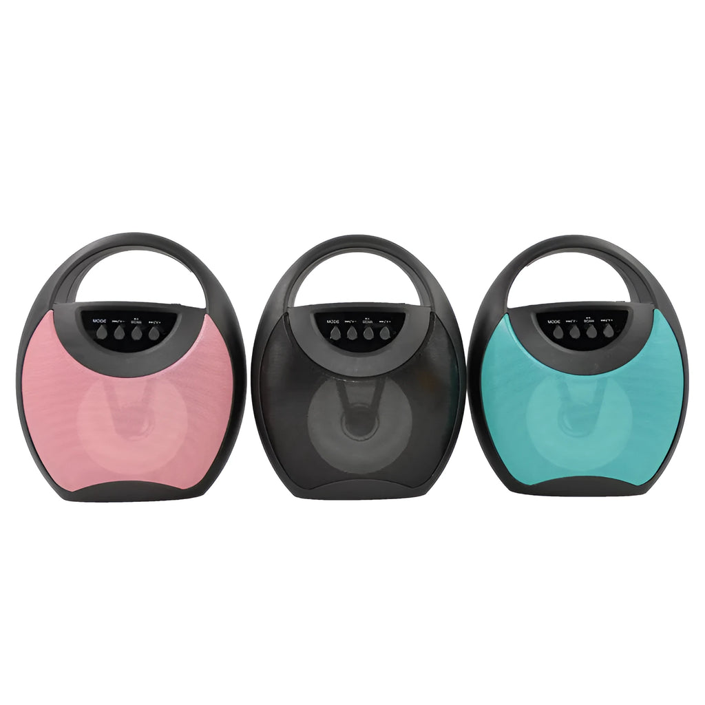 Portable Bluetooth speaker in black, blue, or pink colours with USB port and SD card slot visible