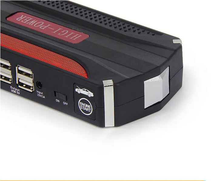 Portable car jump starter with 4in1 cable and battery clamps in retail tool case