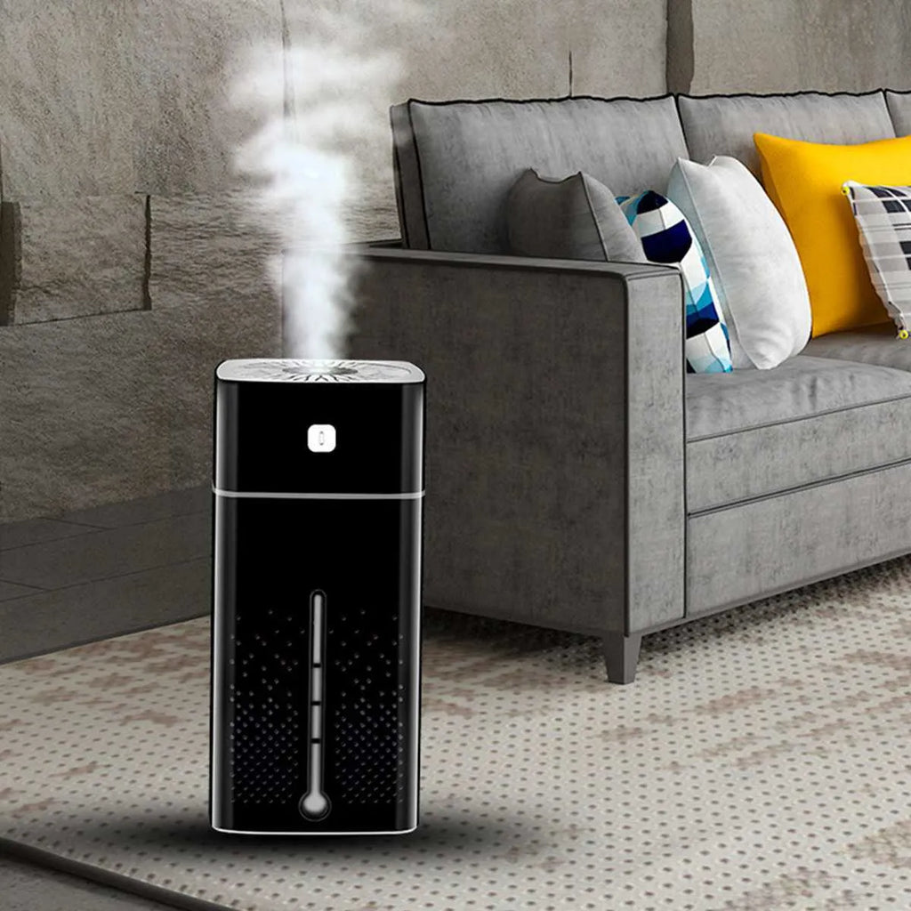 Black and white desktop humidifier with USB power, 1000ml tank, compact size for home office use.