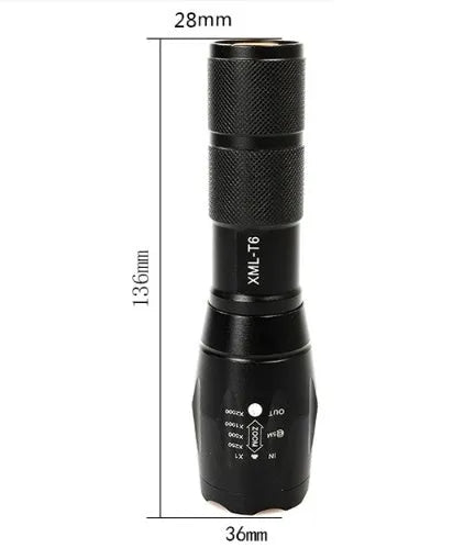 Black aluminum alloy zoom flashlight with adjustable head for focus, shown with beam reaching into distance.