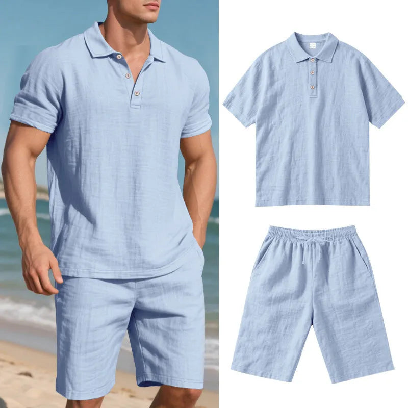 Men's light beige linen blend short sleeve top and shorts set on a hanger, summer casual outfit.