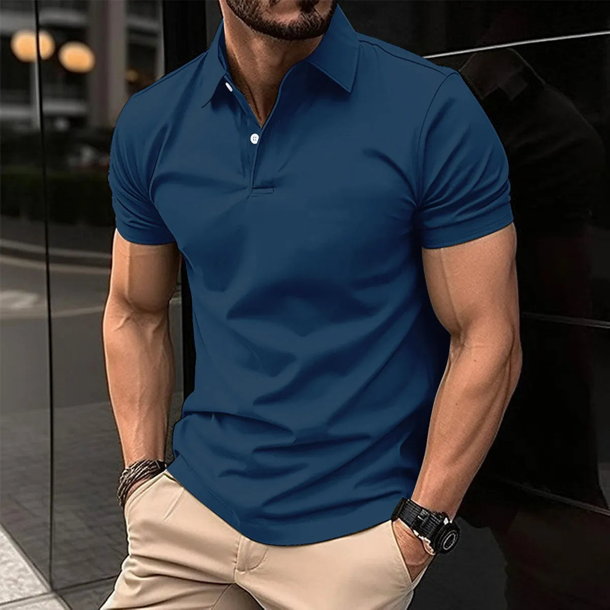 Men's solid colour short sleeve polo shirt with a button-down lapel collar, shown in a light green colour.