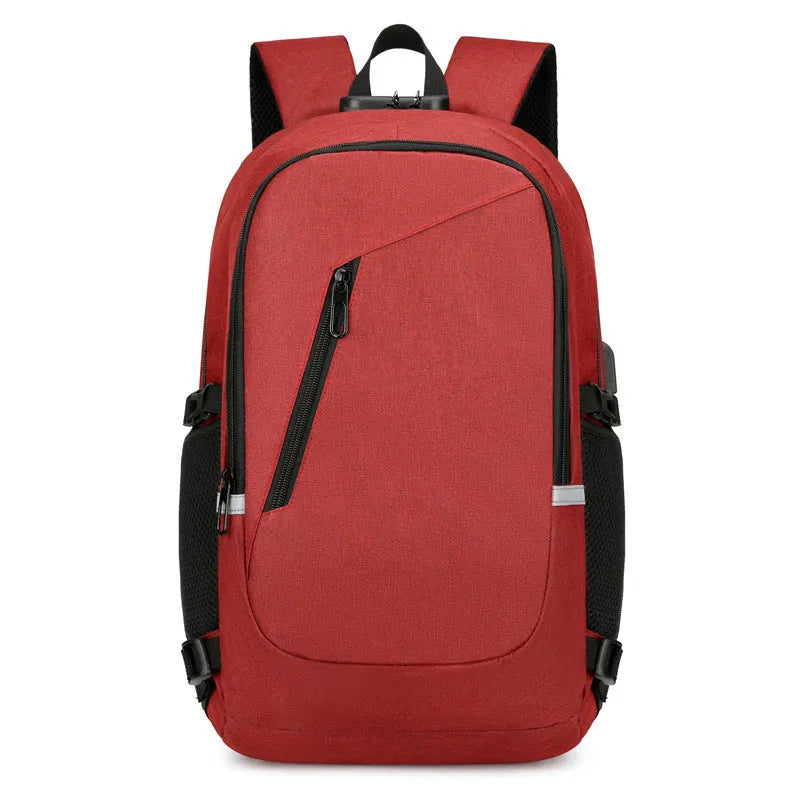 Blue Oxford cloth computer backpack for travel with laptop compartment.