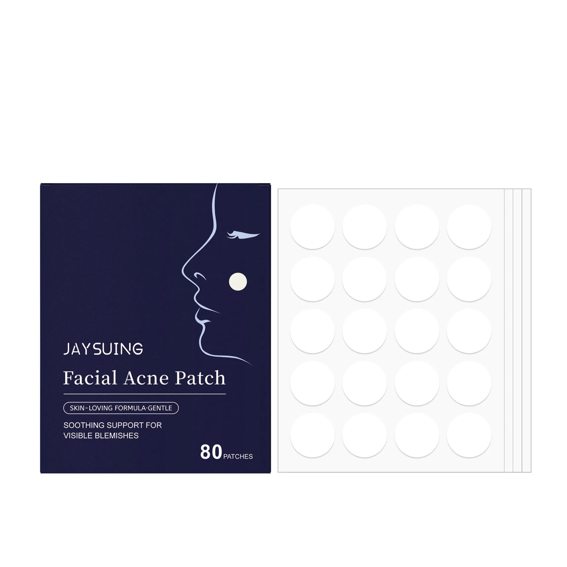 Package of 80 transparent hydrocolloid acne patches for facial blemish treatment.