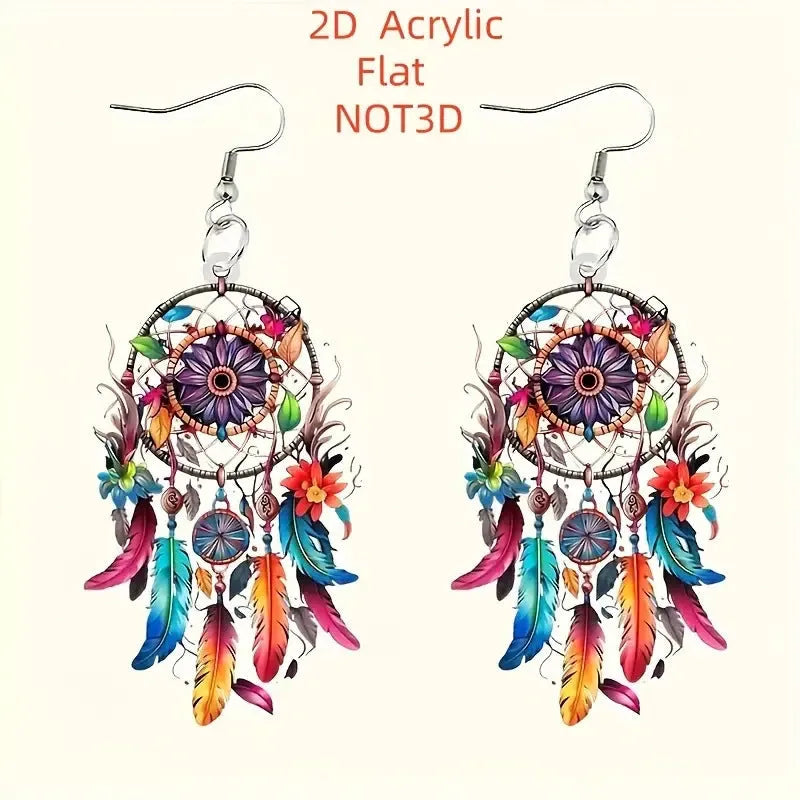Flat acrylic earrings with printed dreamcatcher pattern in geometric shape, Dream Catcher Earrings E1258 colour