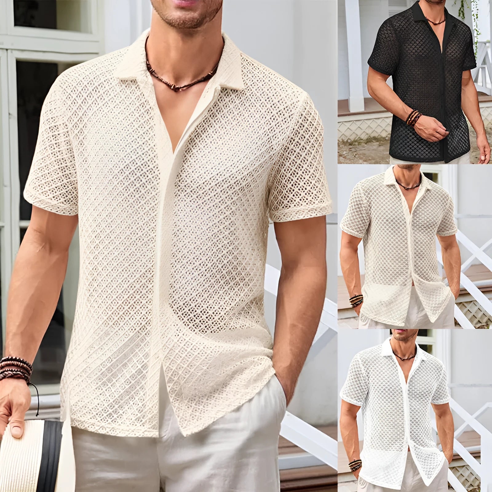 Men's short sleeve lapel cardigan shirt in cotton blend fabric