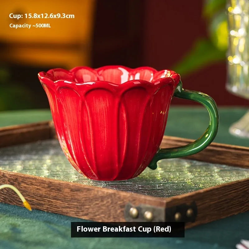 Red and purple ceramic breakfast cups with floral pastoral patterns, 500ml capacity.