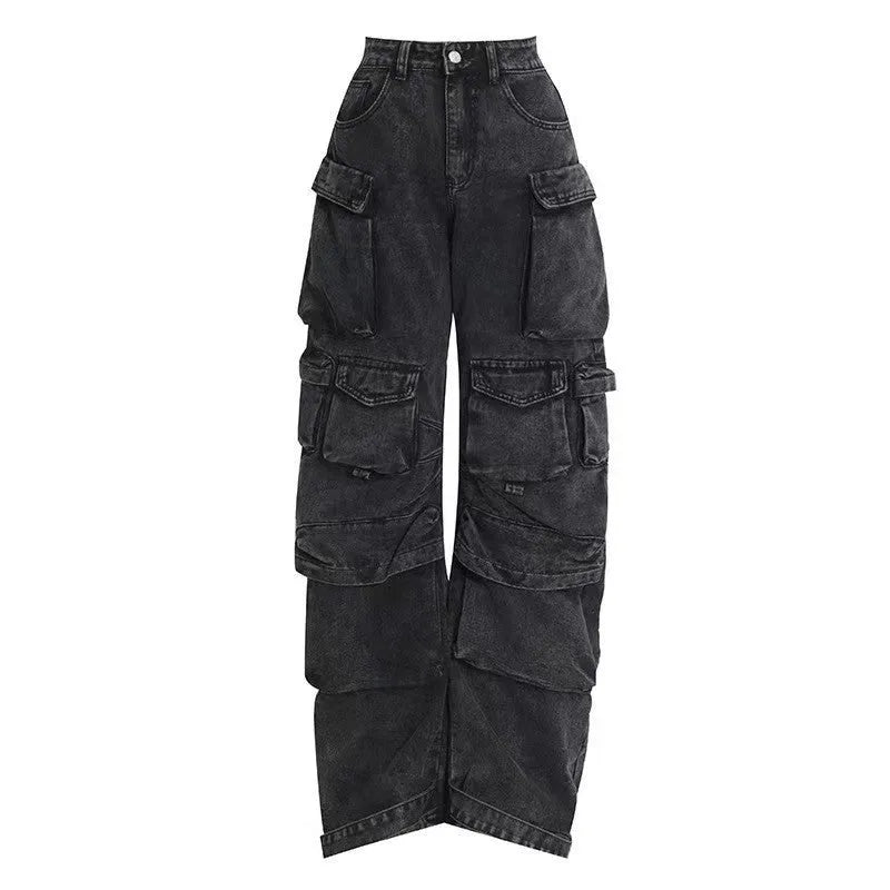 Women's high waist wide leg jeans in tie-dyed colours with multiple pockets and street hipster styling