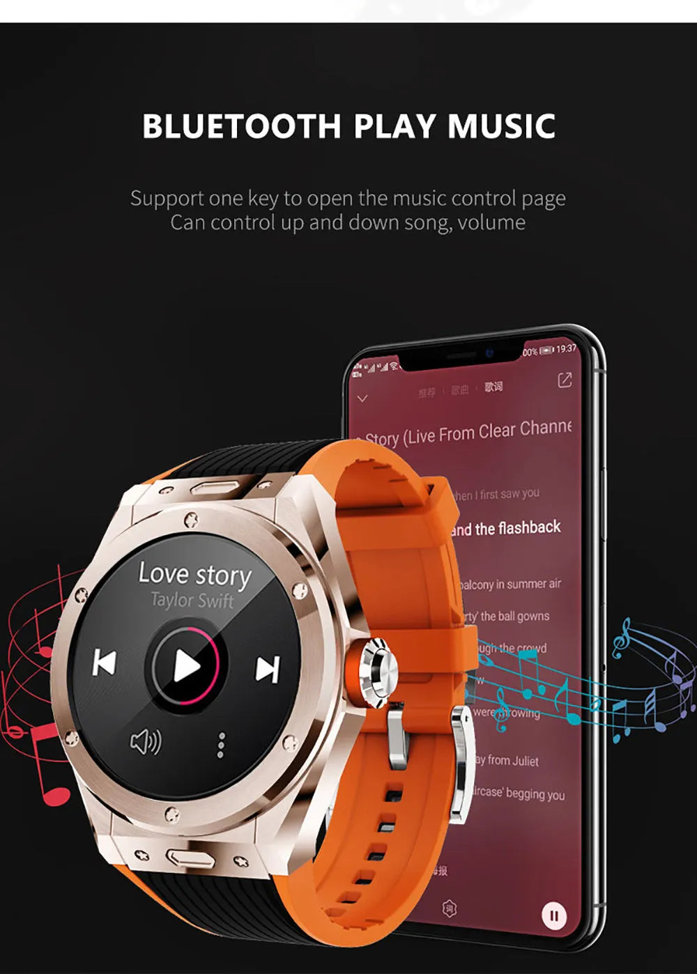 MV58 black smart watch with silicone strap showing heart rate monitoring on screen.