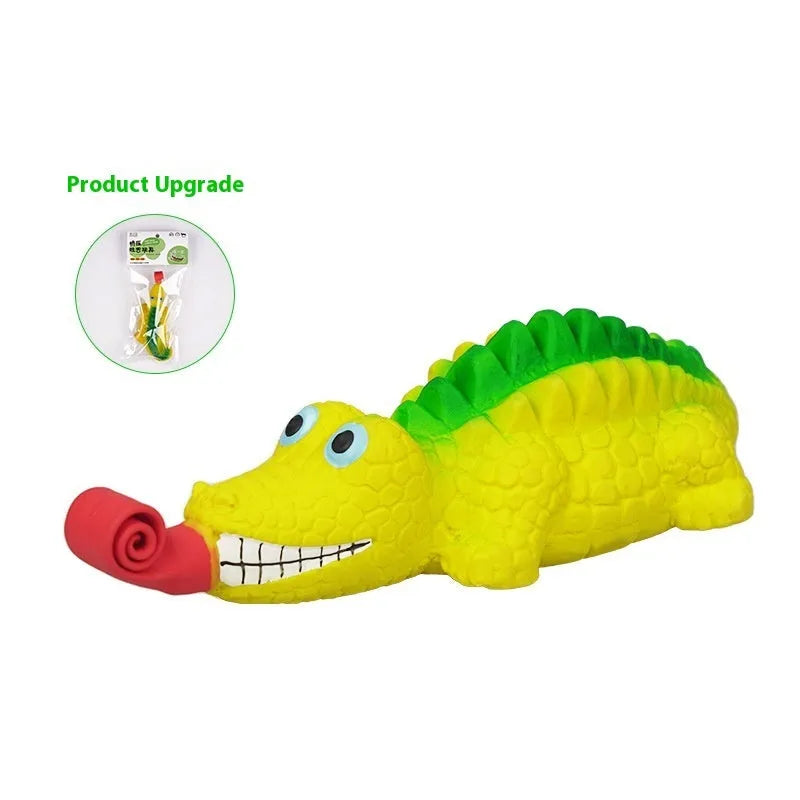 Latex tongue-sticking lizard sounding toy in crocodile colour on white background