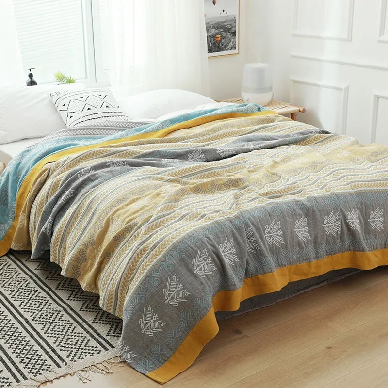Pure cotton five-layer gauze bed sheet blanket in Roulette Wheel Blue with modern simplicity pattern