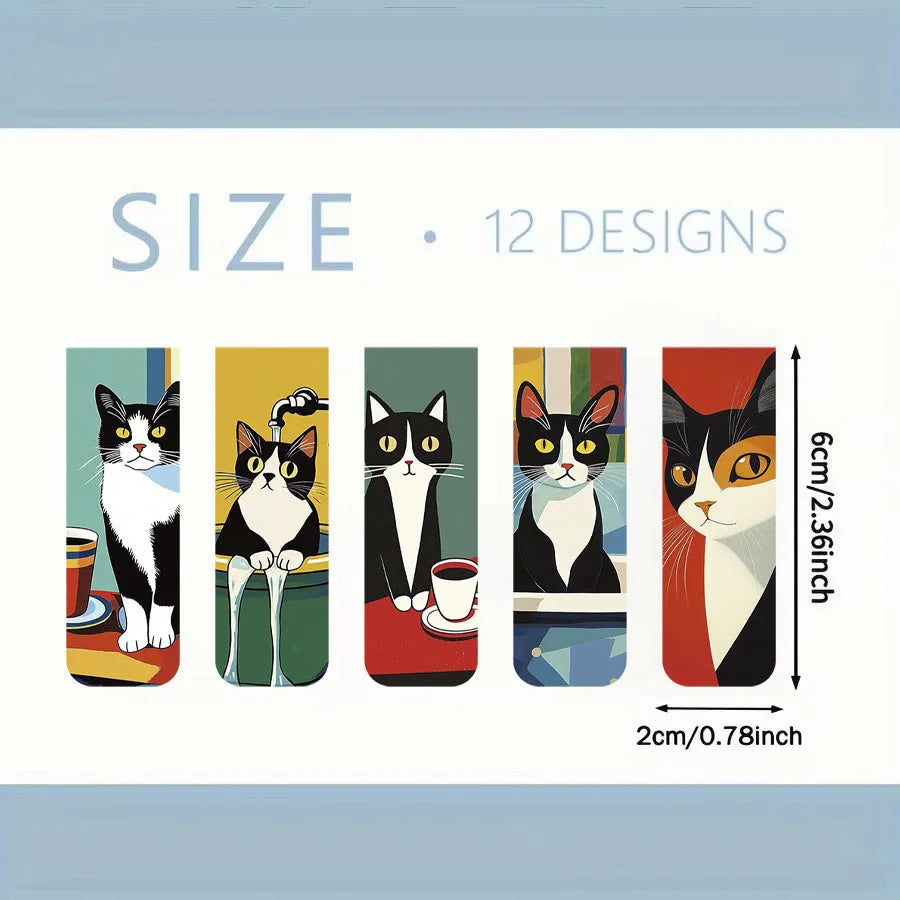 Set of 5 magnetic bookmarks with simple cute cat designs on a book page