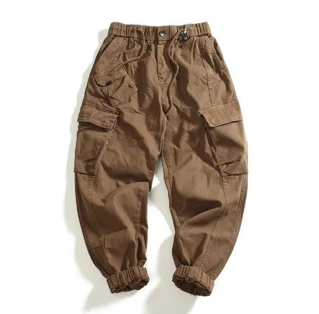 Men's multi-pocket stretch cargo casual pants in khaki, mid-waist ankle-tied style, worn-looking woven fabric