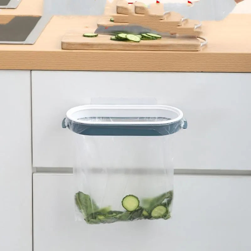 Plastic kitchen garbage bag storage rack in blue or pink for cabinet mounting