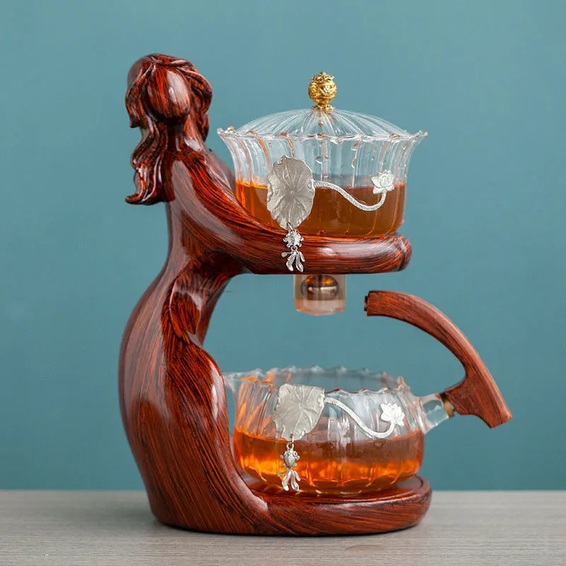 Maid semi-automatic tea set with borosilicate glass teapot, stainless steel filter, and Chinese-style woman sculpture base