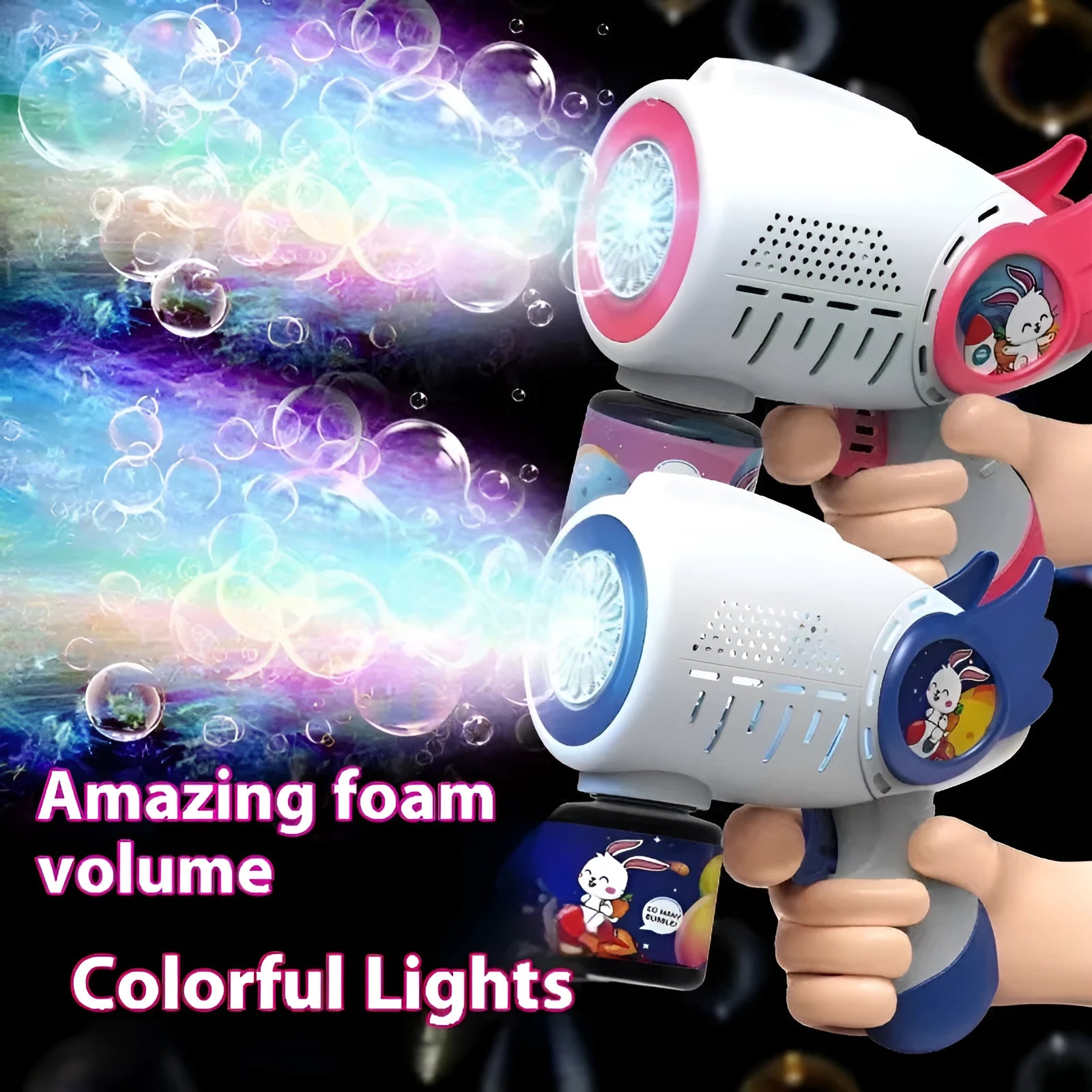 Electric bubble maker toy with luminous bubble blowing gun in pink and blue colour options