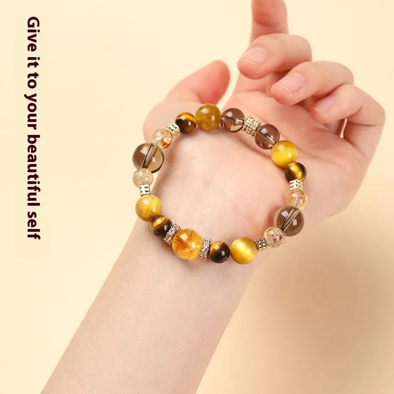 Natural yellow crystal tiger-eye geometric bracelet in 10mm and 12mm unisex sizes