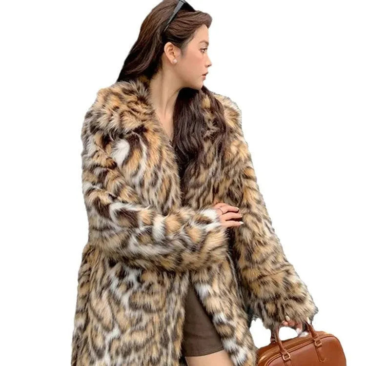 Women's long faux fur coat with fur collar in street fashion style