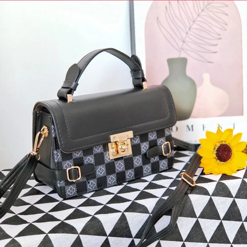 Retro small square pattern ethnic crossbody bag in PU material with floral stitching details