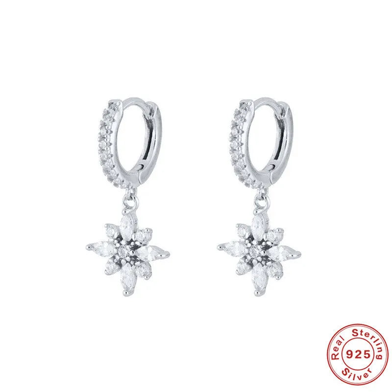 S925 sterling silver snowflake pendant earrings in white gold or yellow gold colour finish.
