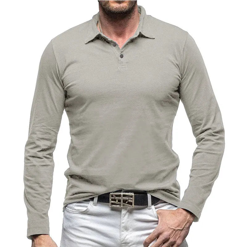 Men's dark grey cotton polo collar long sleeve T-shirt laid flat, American retro style.