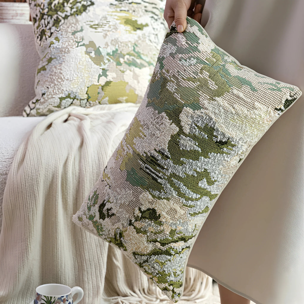 Antique green wool blend pillowcase with French style spring flowers botanical pattern