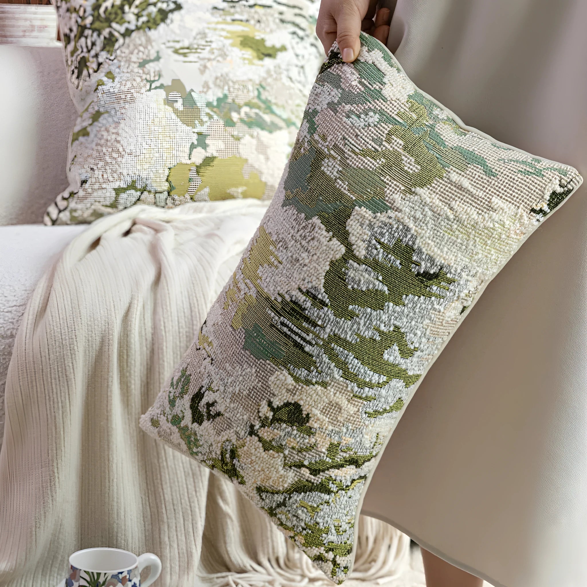 Antique green wool blend pillowcase with French style spring flowers botanical pattern