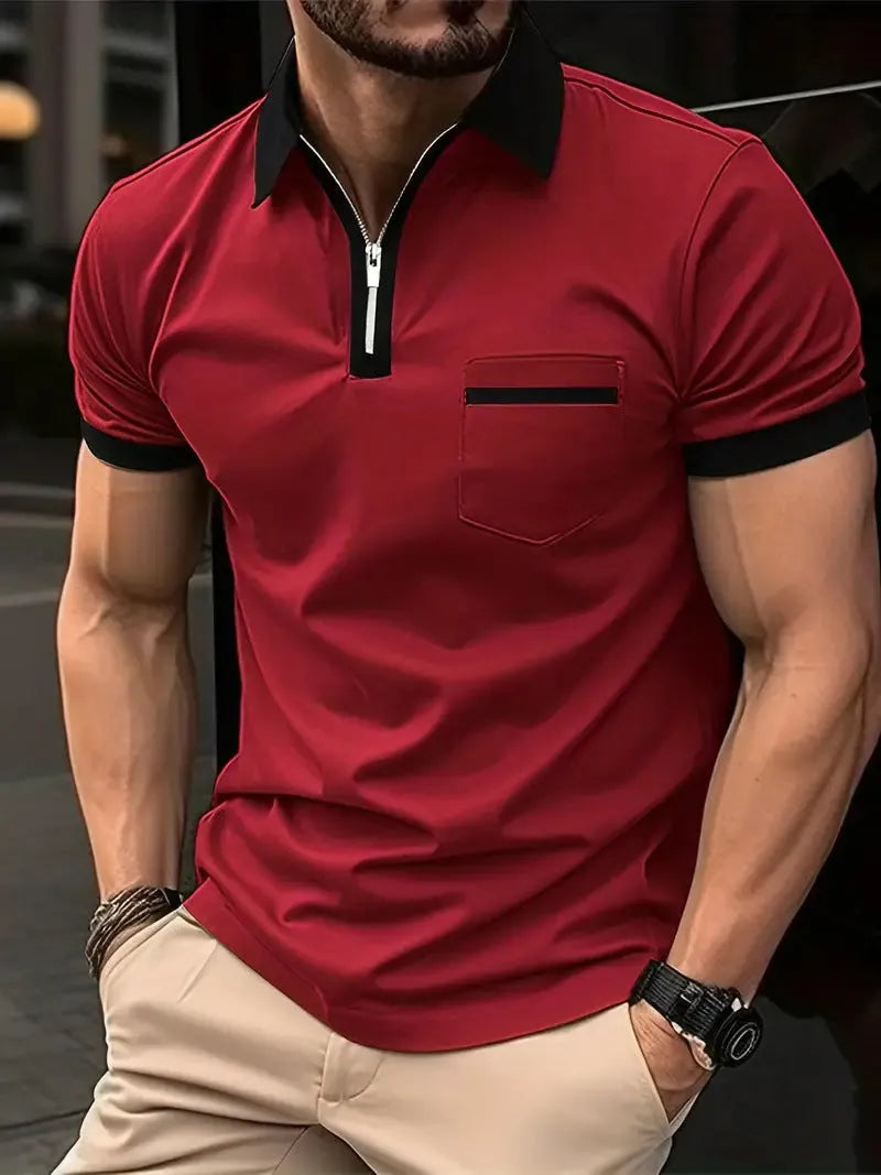 Men's loose fit short sleeve casual shirt with chest pocket and decorative zip details in colour combination options