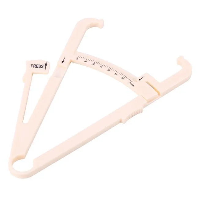Clear acrylic body fat caliper with measurement scale showing 200mm range and 0.001mm accuracy.