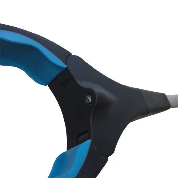 Blue foldable litter picker tool with TPR handle shown extended to its full 83.5 cm length.