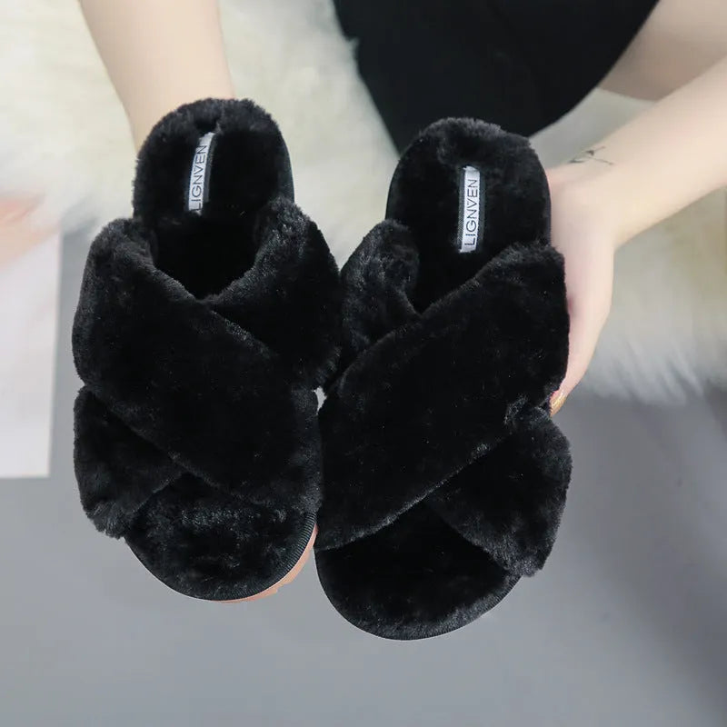 Cross open-toe fur slippers in multiple colours showing fur lining and patterned non-slip sole.