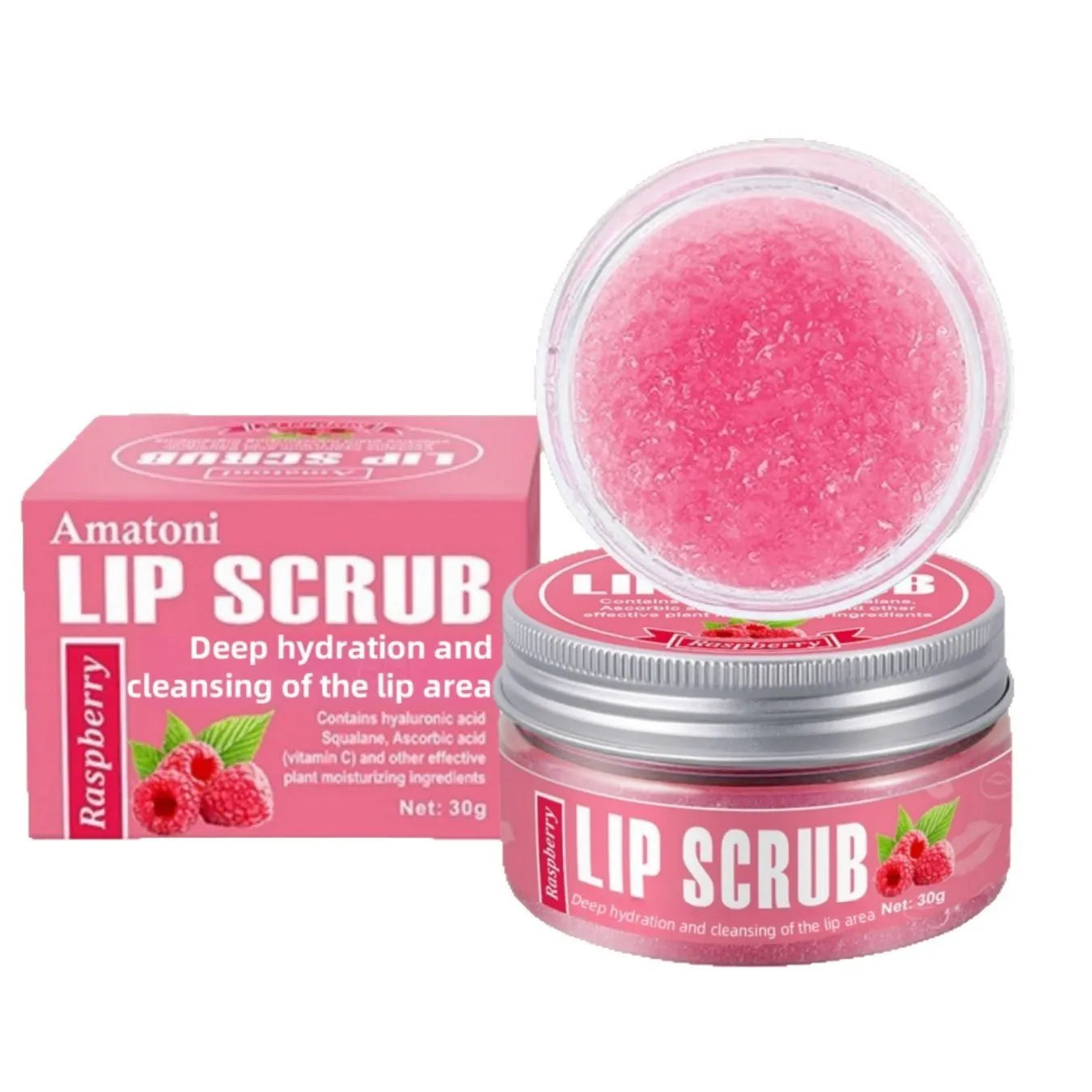 Amatoni Lip Scrub pot in Coconut, Raspberry, Vanilla, or Watermelon flavour, 30g net weight.