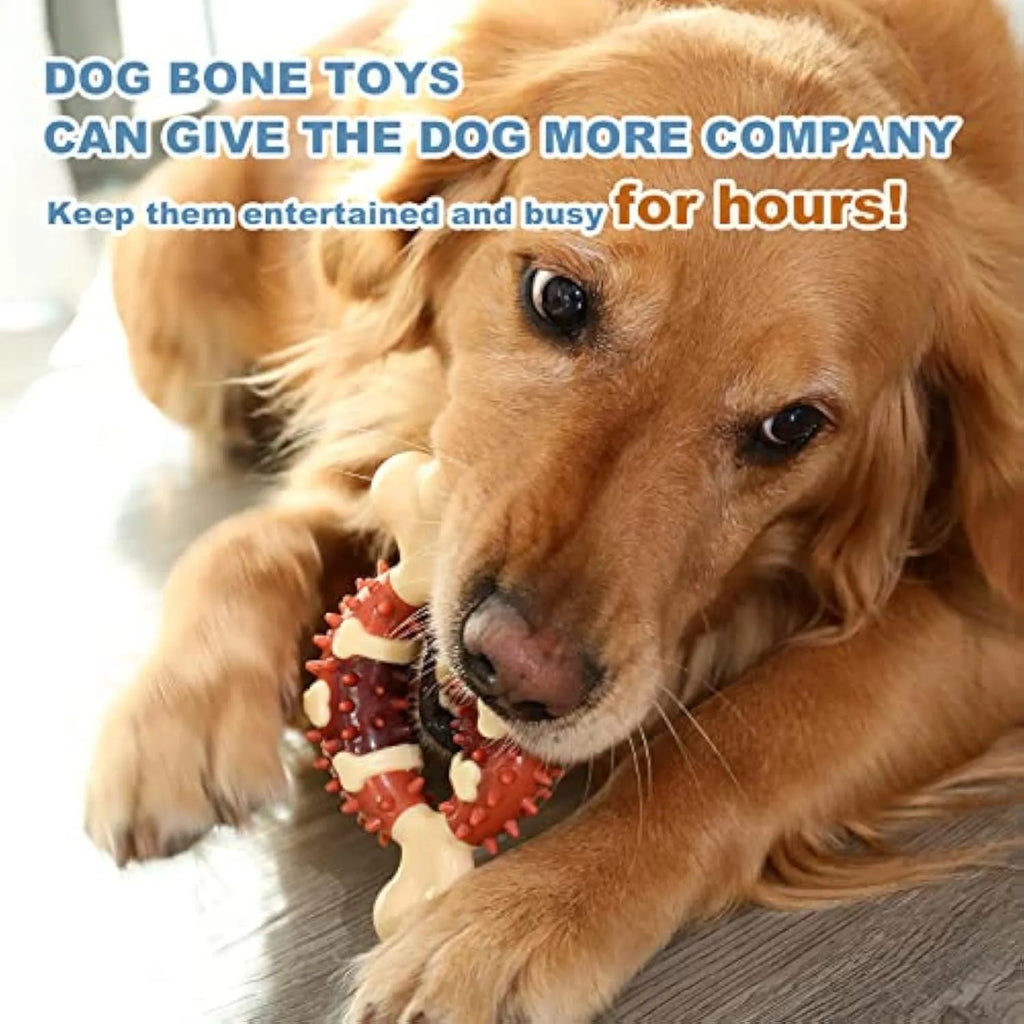 Bone-shaped natural rubber dog dental chew toy for teeth cleaning and anxiety relief in two sizes