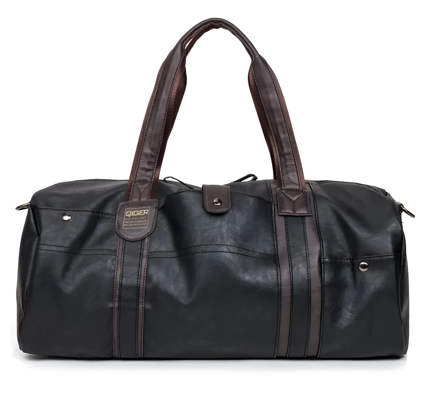 Portable cylinder leisure travel bag medium 36-55L PU leather blue black brown zipper closure soft handle
