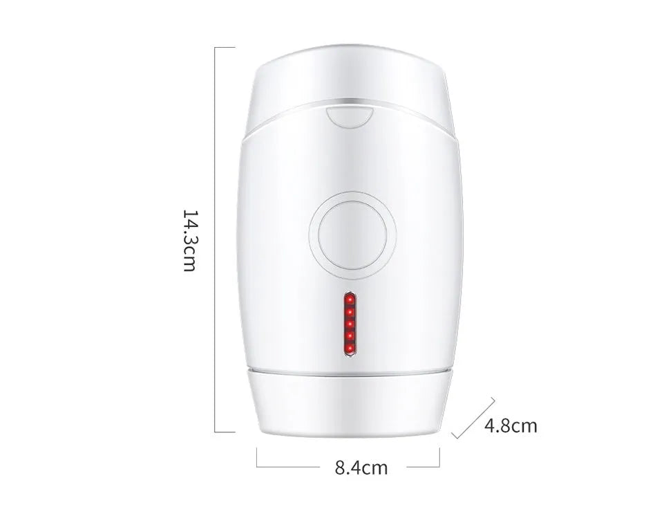 White home IPL laser hair removal device on a table showing its compact size and control buttons.