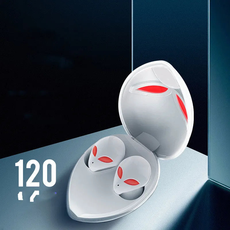 Creative Outer T8 Starman Alien design Bluetooth earbuds with red lighting in charging case.