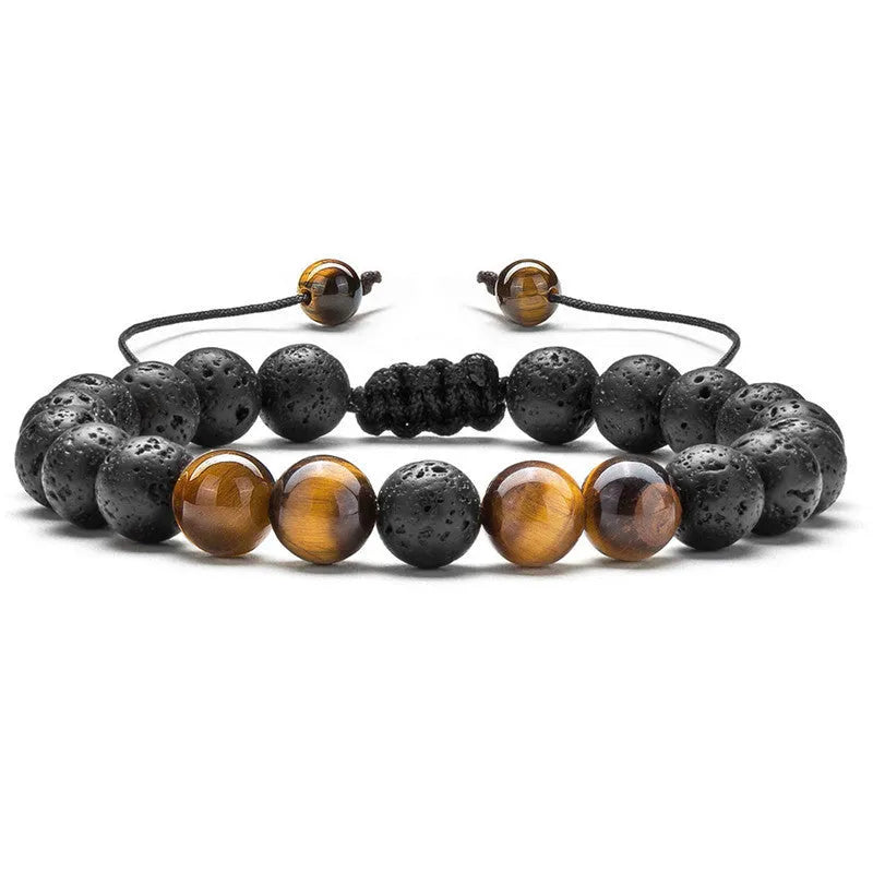 Tiger Eye agate couple bracelets with geometric beads in matte black finish
