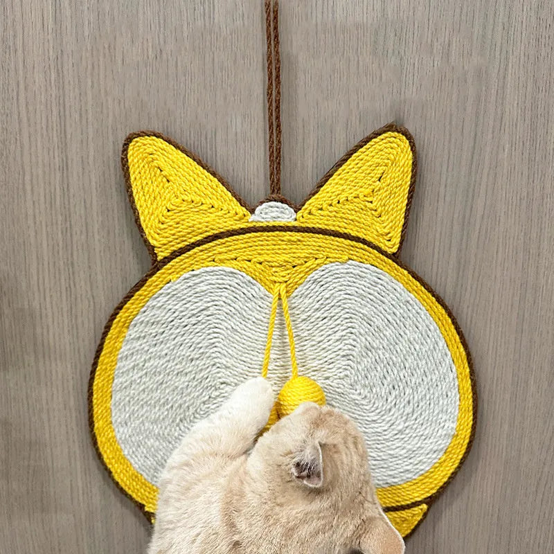 Yellow Corgi butt-design sisal cat scratching pad with anti-slip base and adhesive hooks.