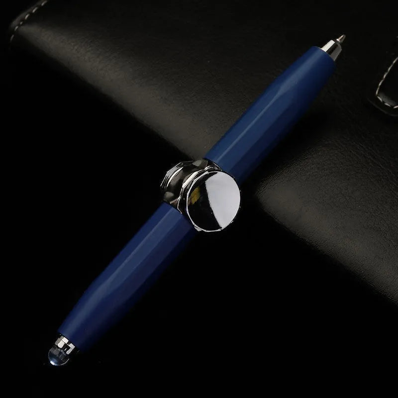 Metal gyro ballpoint pen with LED spinner, shown in multiple refill colour options.