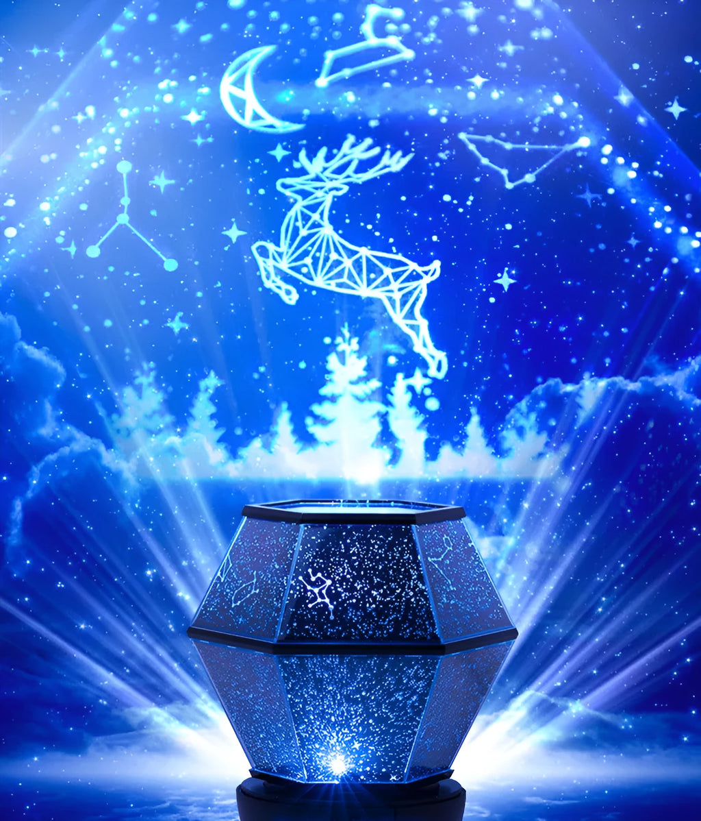 Children's rotating stars LED night light projecting coloured starlight on a wall.
