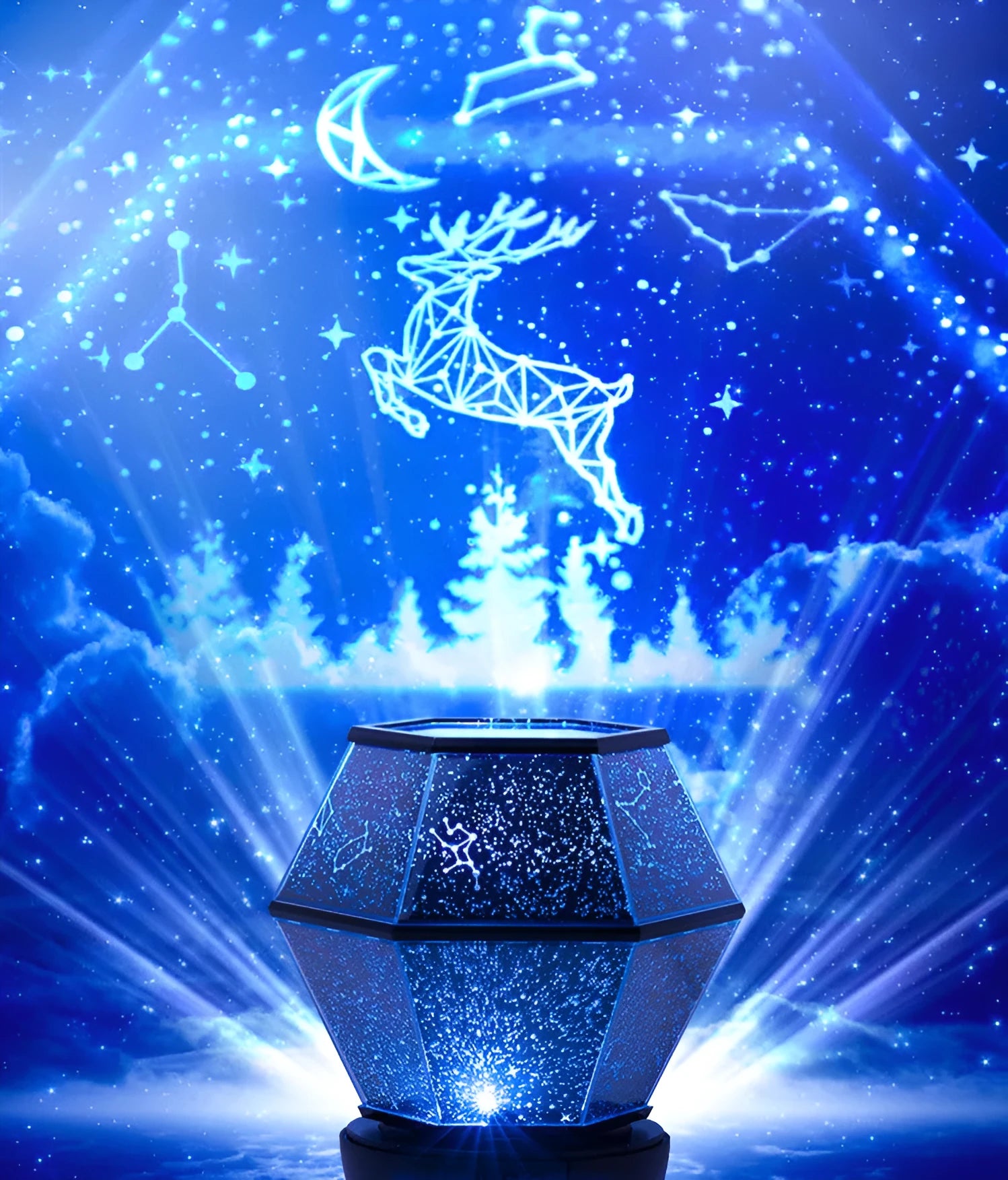 Children's rotating stars LED night light projecting coloured starlight on a wall.